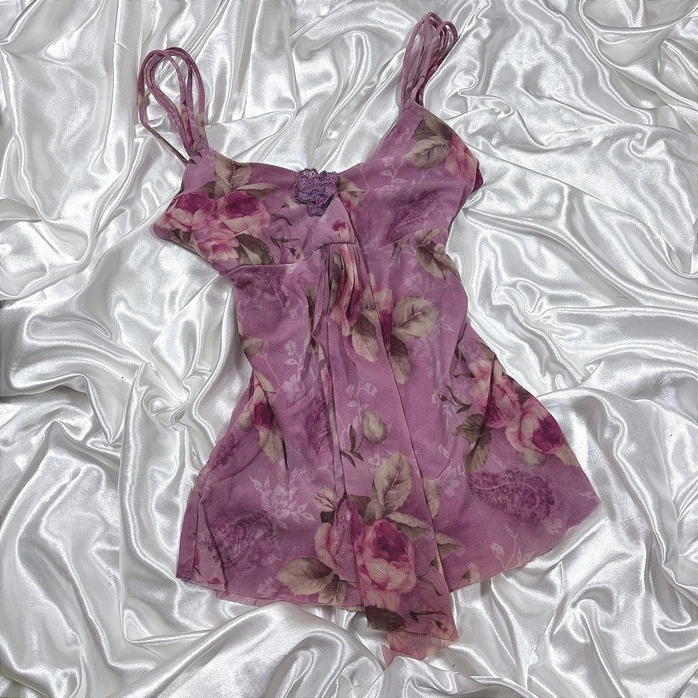 y2k Express Cami Top Purple Excellent Floral Mesh Empire Waist Quad Straps